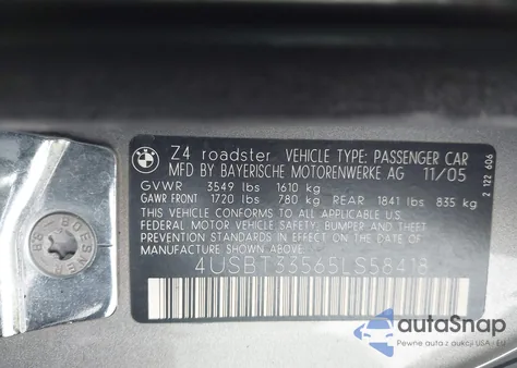 2005 BMW Z4 2.5I from USA, damaged, VIN 4USBT33565LS58418